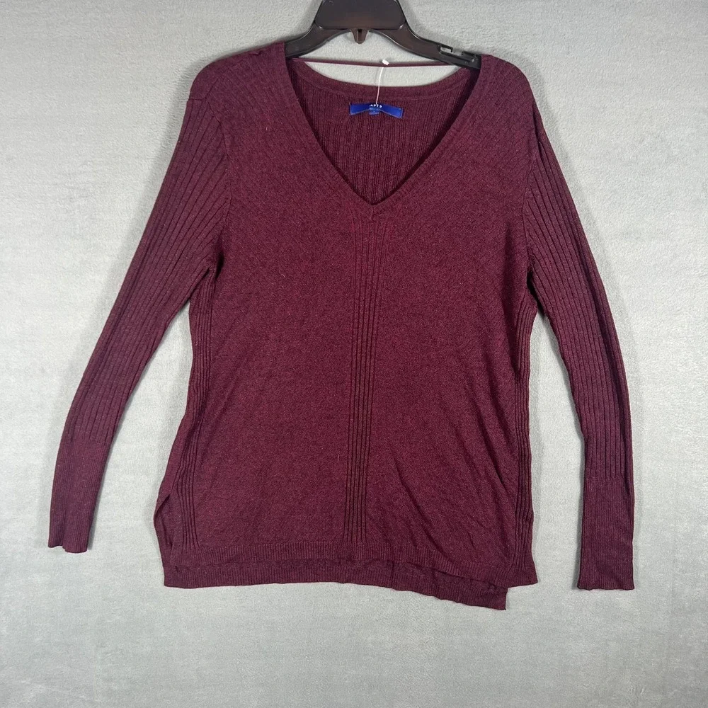 APT. 9 Women's Burgundy Mélange V-Neck Pullover Sweater Ribbed Side Slits Size L